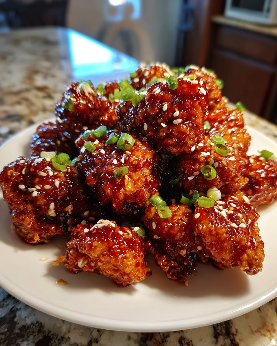 A close-up of crispy korean fried chicken pieces coated in a sticky, dark glaze, topped with sesame seeds and chopped green onions.