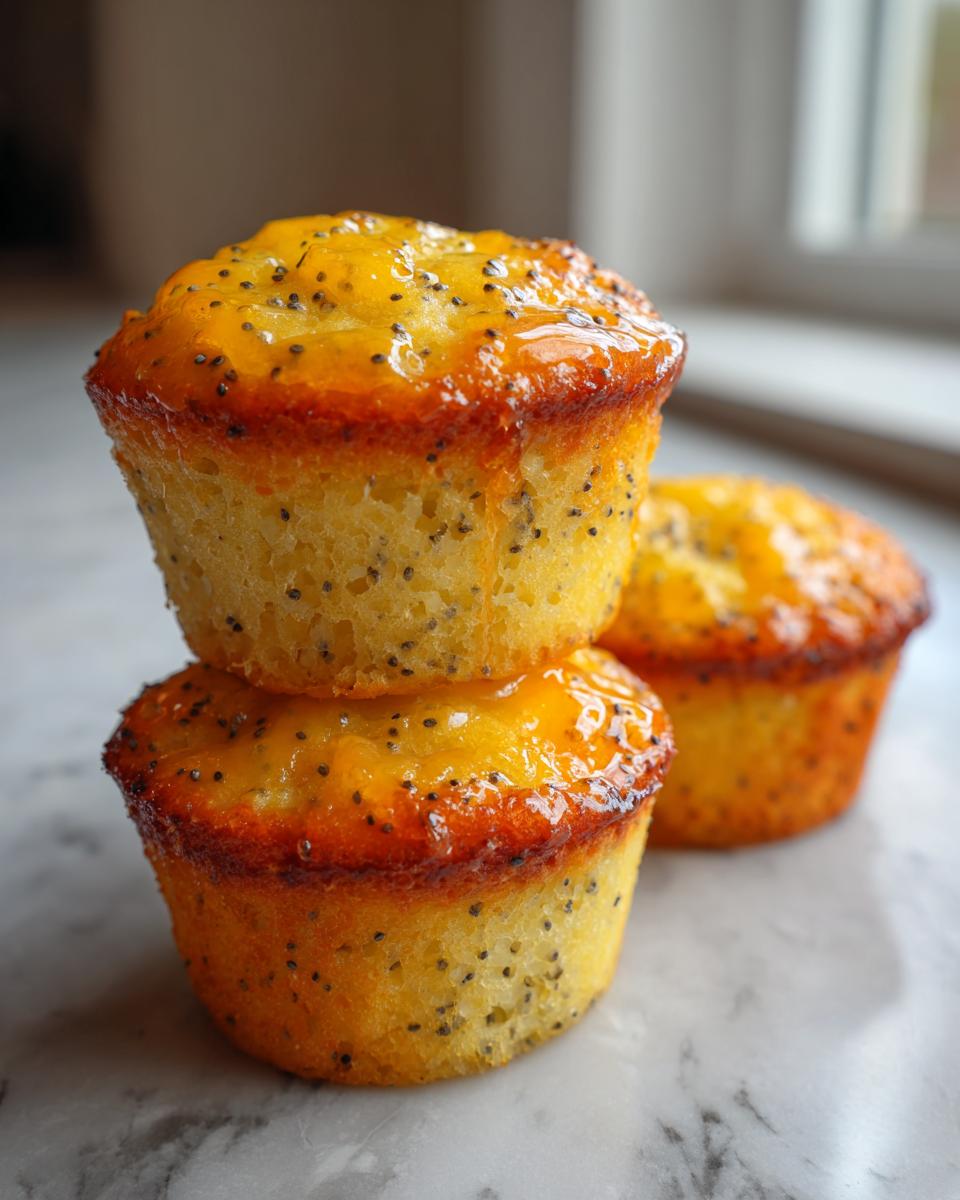 A close-up stack of two moist lemon poppy seed muffins topped with a shiny lemon glaze.