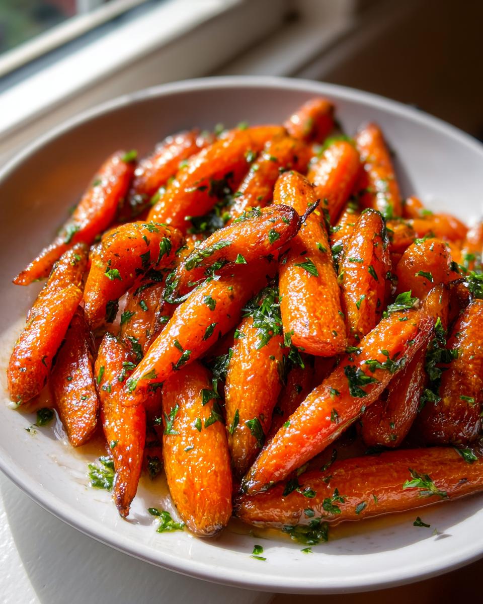 A close-up of glossy, glazed roasted baby carrots topped with fresh chopped parsley in a white bowl.