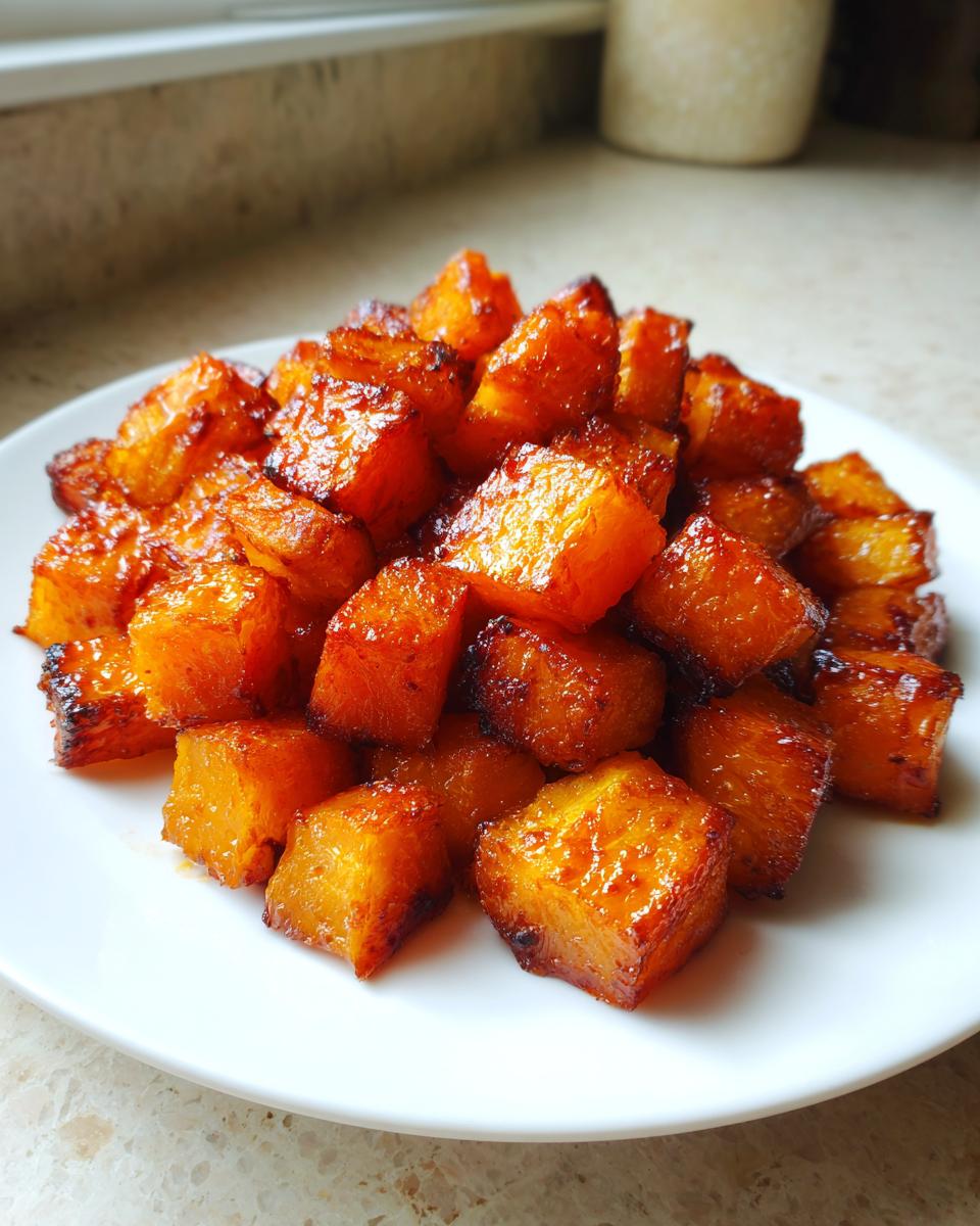A pile of perfectly caramelized and glazed roasted butternut squash cubes on a white plate.