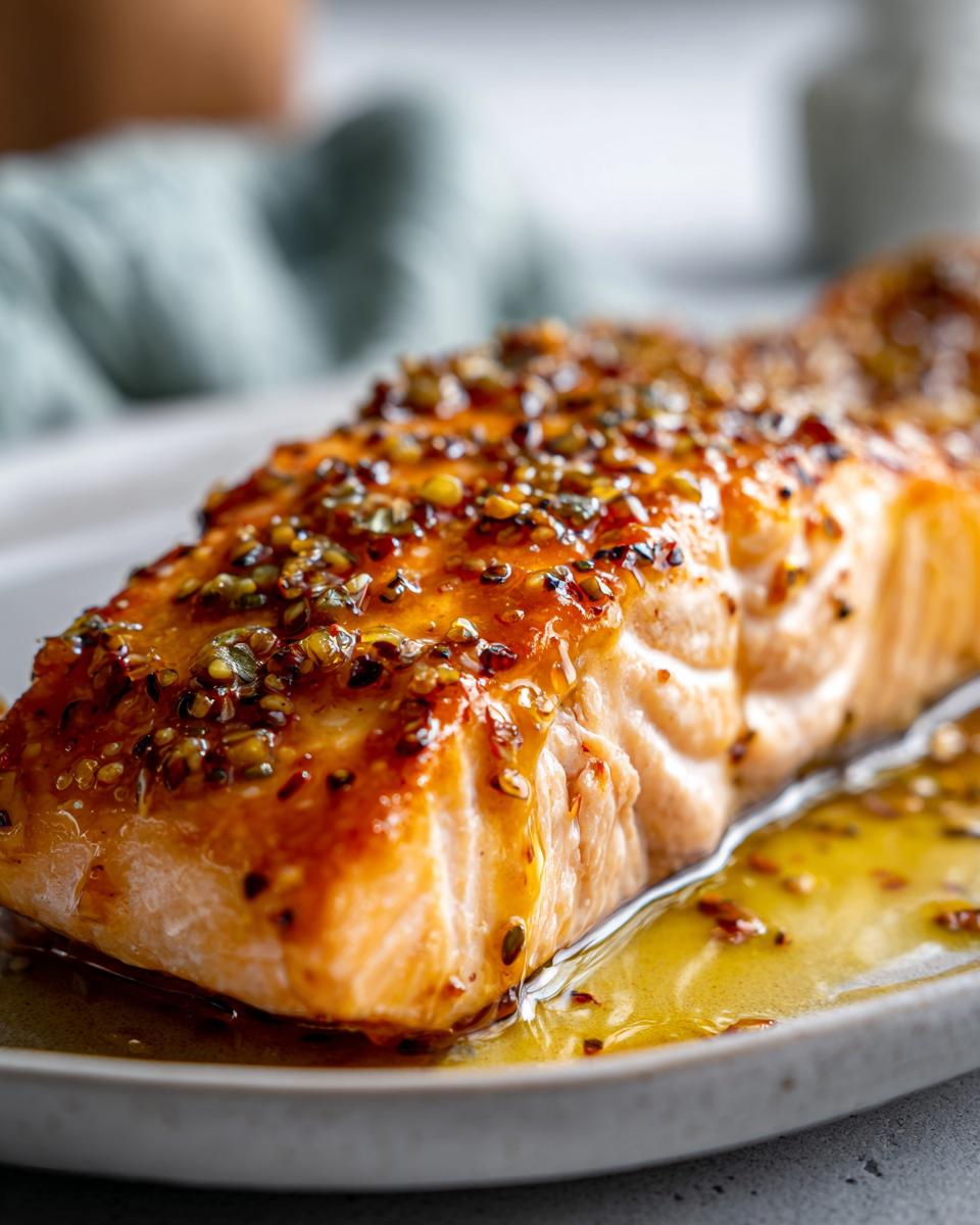 Close-up of a perfectly cooked salmon fillet with a honey mustard glaze, part of a baked salmon recipe.