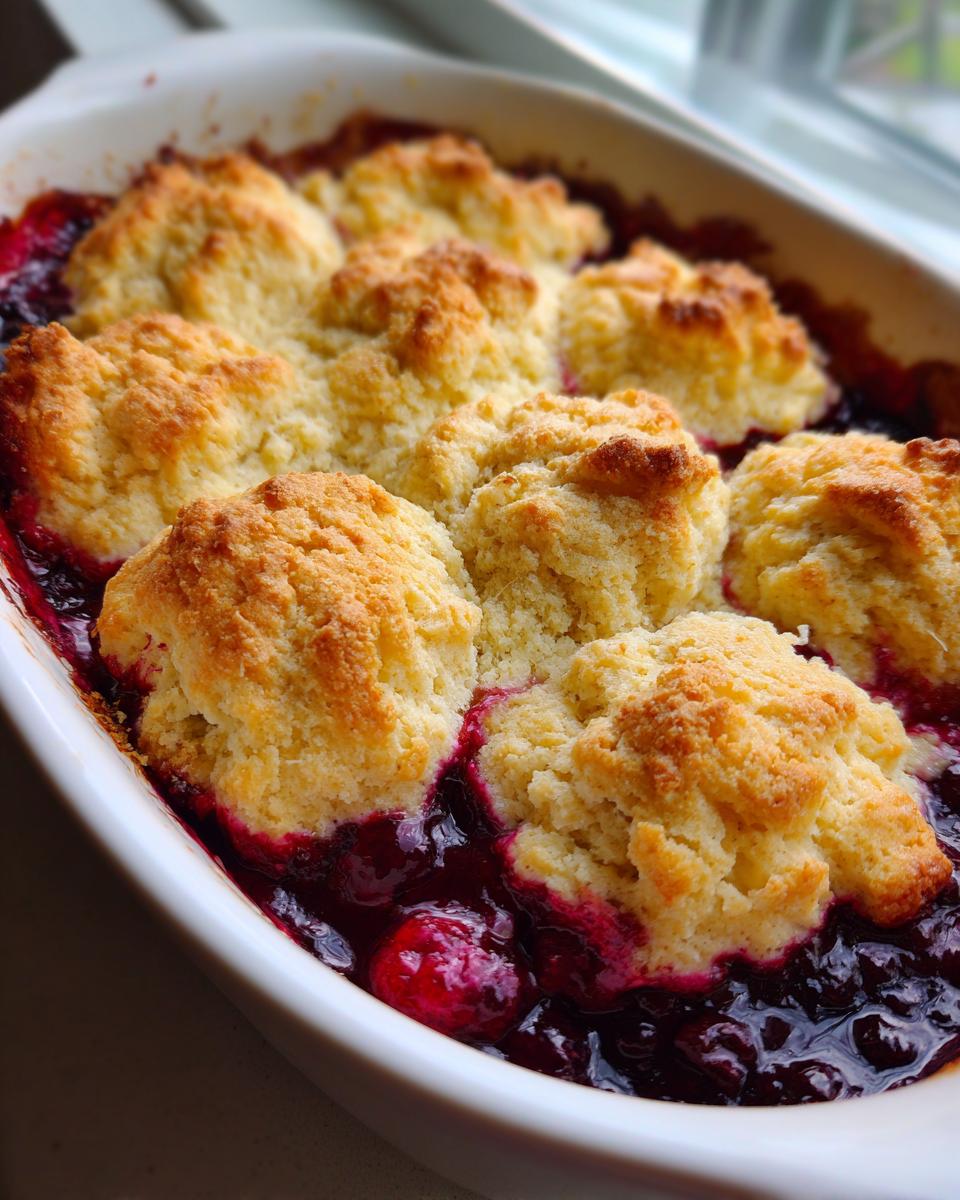Close-up of a golden-topped mixed berry cobbler bubbling with dark purple fruit filling in a white baking dish.