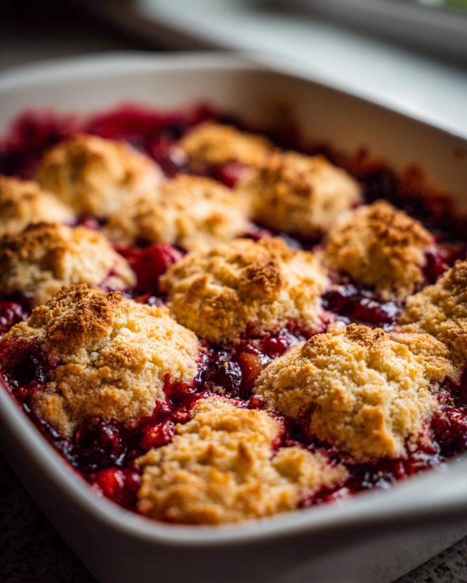 Close-up of a bubbling mixed berry cobbler with golden biscuit topping in a white baking dish.