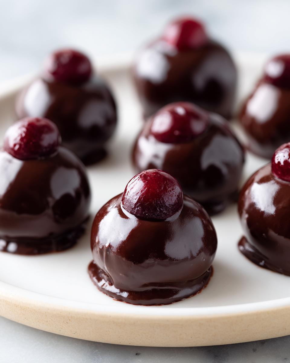 Close-up of several glossy, dark chocolate covered cherries topped with a single cherry on a light plate.