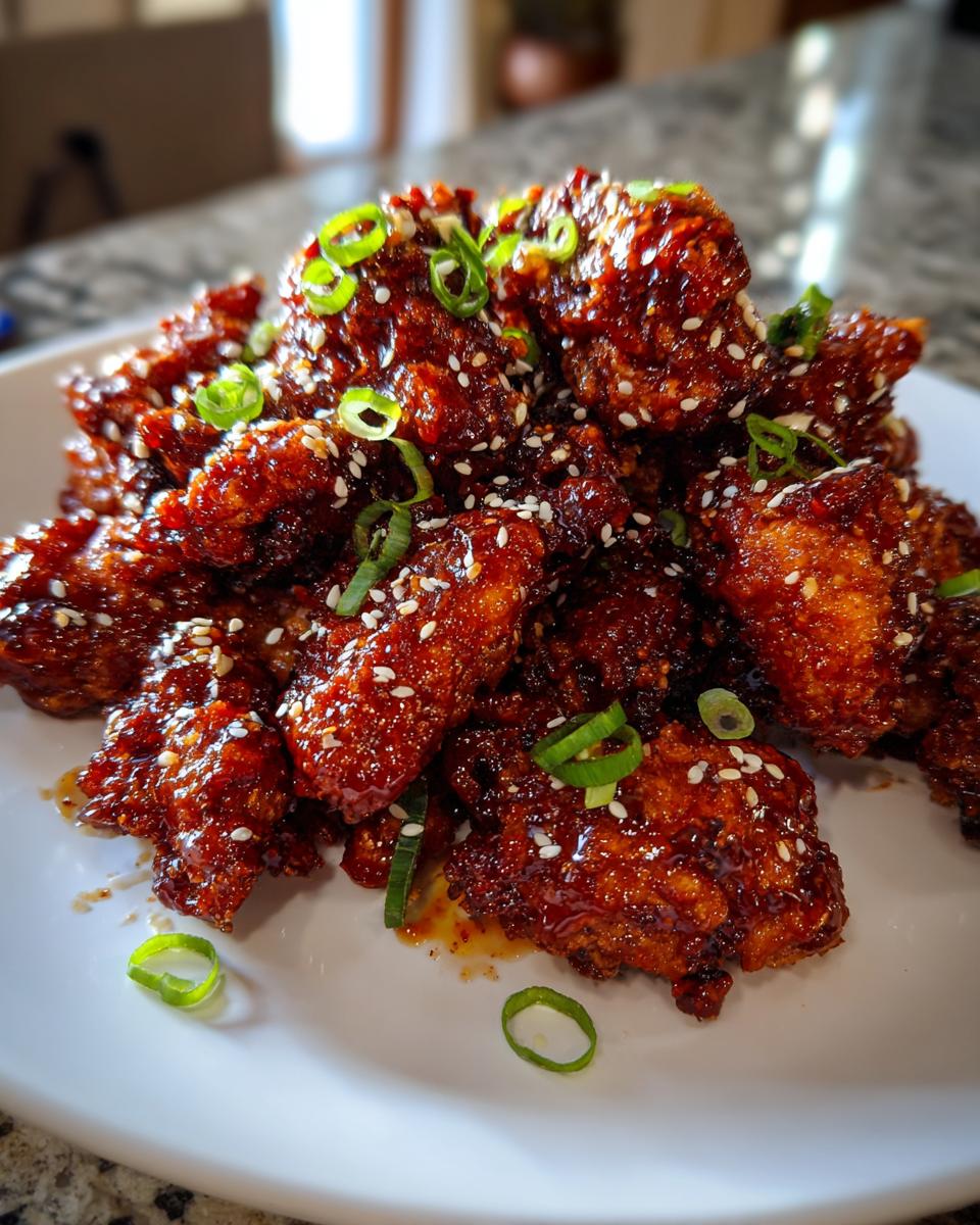A mound of crispy, glazed korean fried chicken pieces topped with sesame seeds and sliced green onions.