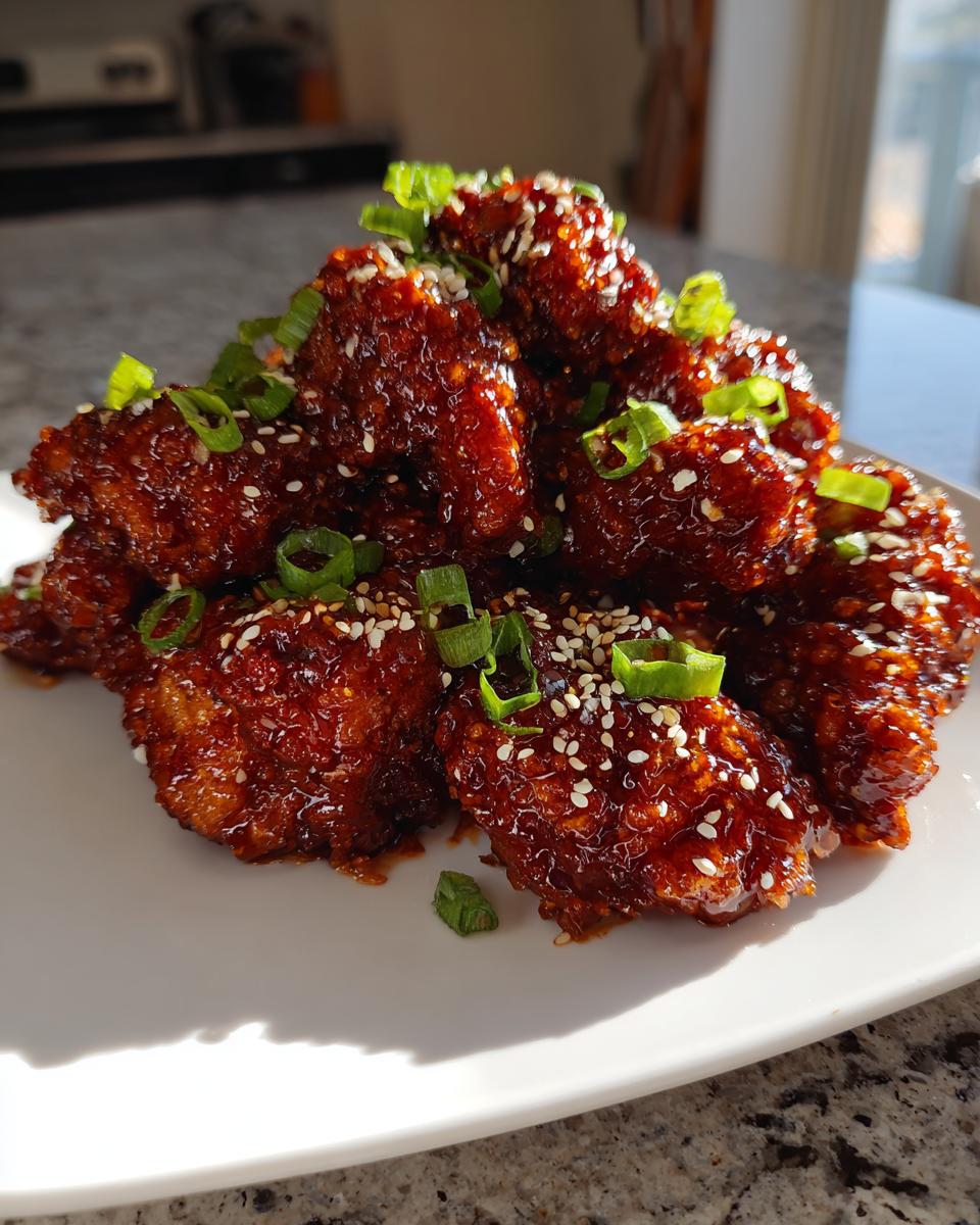 A pile of glossy, saucy korean fried chicken pieces garnished with sesame seeds and chopped green onions.