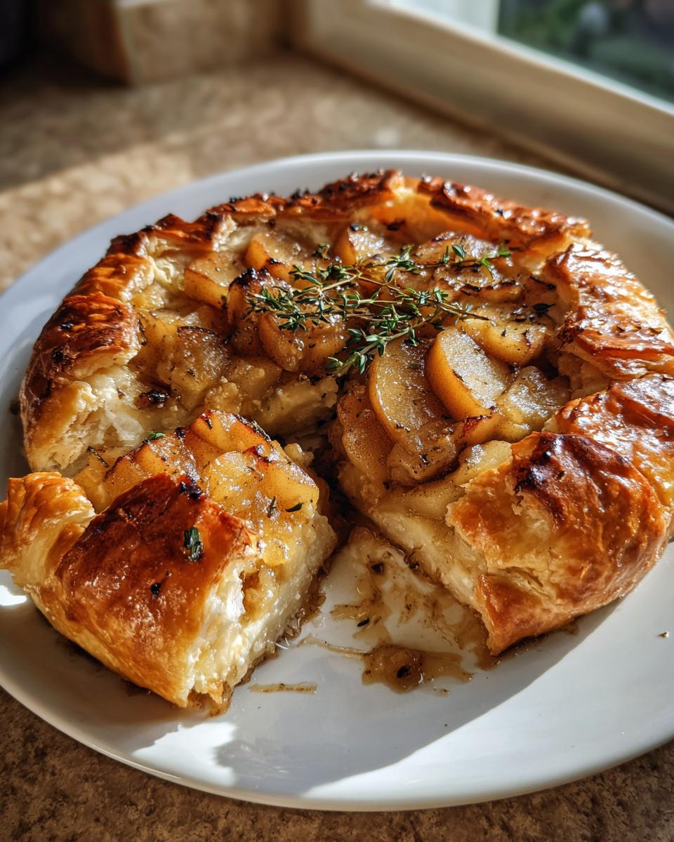 A golden, flaky pastry wraps around melted cheese, topped with caramelized pears and fresh thyme, resembling a baked brie appetizer.