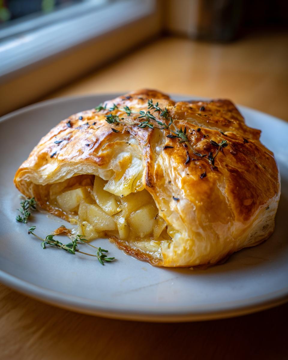 Golden baked brie wrapped in flaky puff pastry, cut open to show melted filling, garnished with fresh thyme.