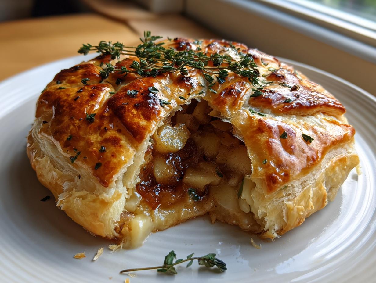 A slice cut from golden baked brie wrapped in flaky puff pastry, revealing a warm apple and onion filling.