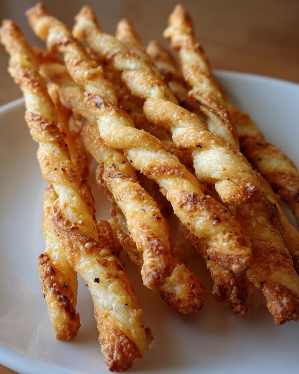 A close-up of several golden brown, flaky, twisted cheese straws recipe pieces piled on a white plate.