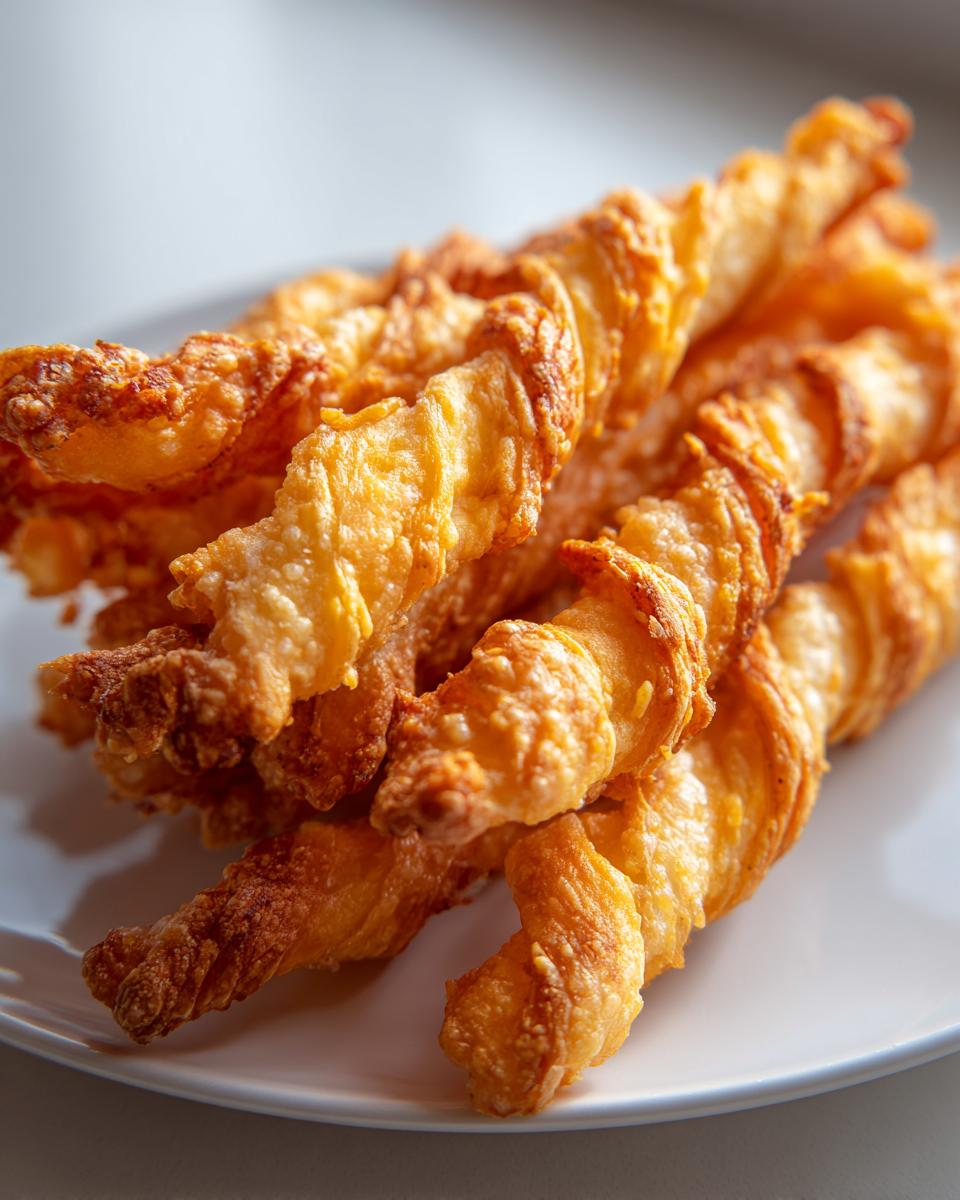 Close-up of several golden, flaky, and twisted cheese straws recipe items piled on a white plate.