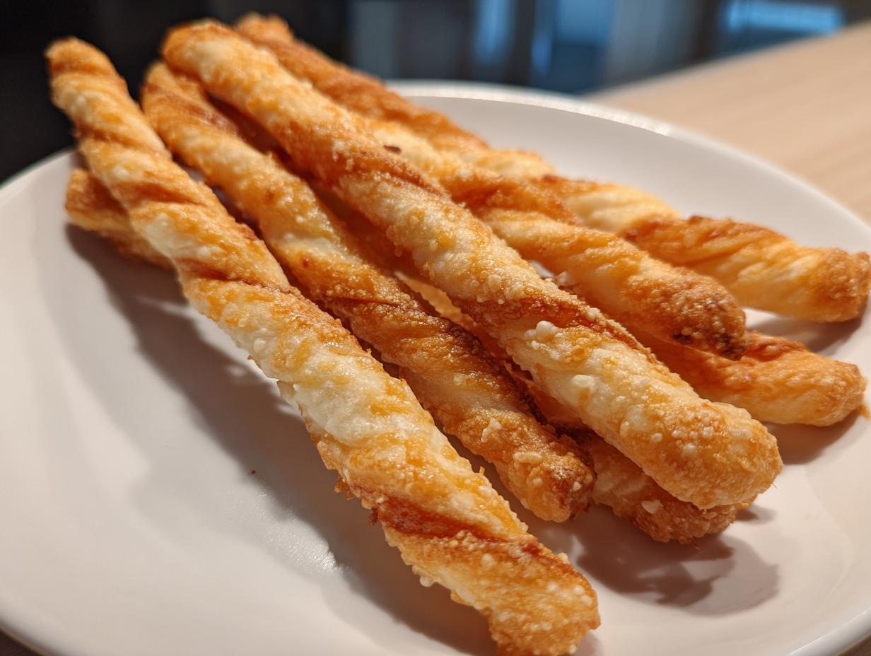 Close-up of several golden brown, twisted cheese straws recipe sticks piled on a white plate.