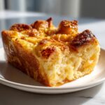 Close-up of a golden brown, fluffy slice of baked french toast served on a white plate.