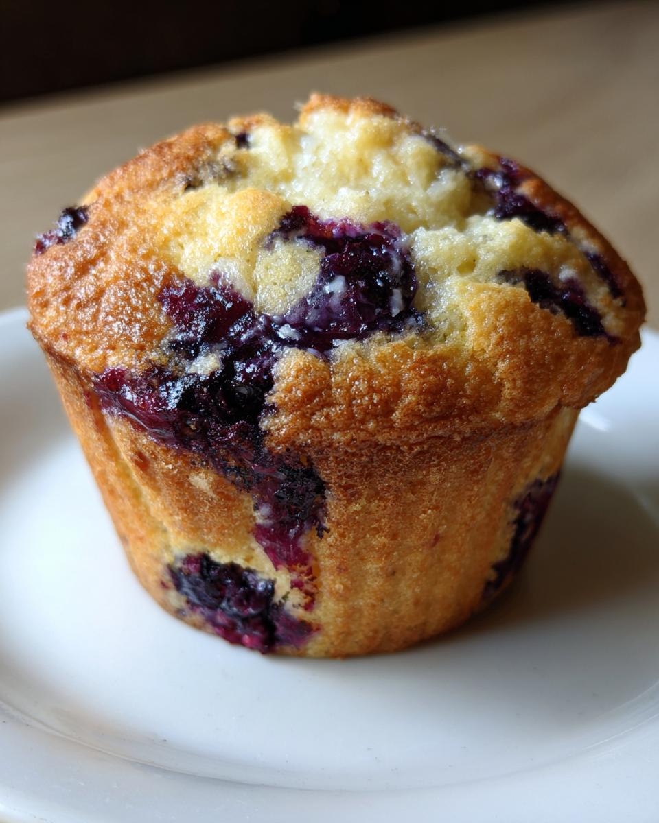 Close-up of a golden-brown blueberry muffin, likely containing cream cheese, sitting on a white plate.