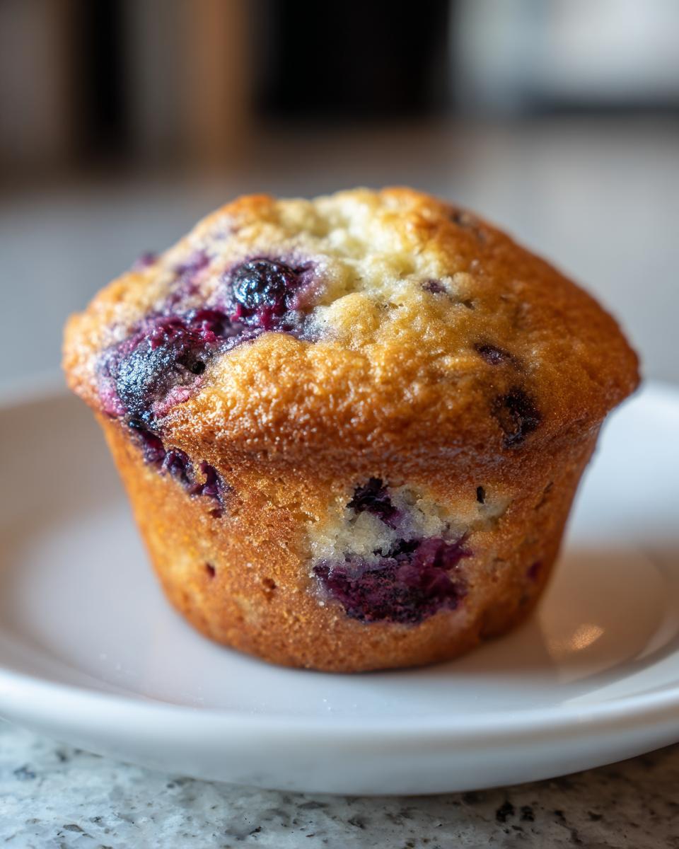 A golden-brown blueberry muffin, likely featuring cream cheese, sitting on a small white plate.
