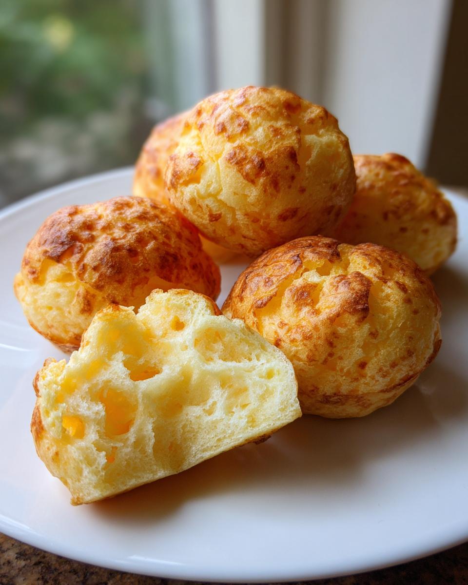 Close-up of several golden-brown brazilian cheese bread puffs on a white plate, one is broken open showing the airy, cheesy interior.