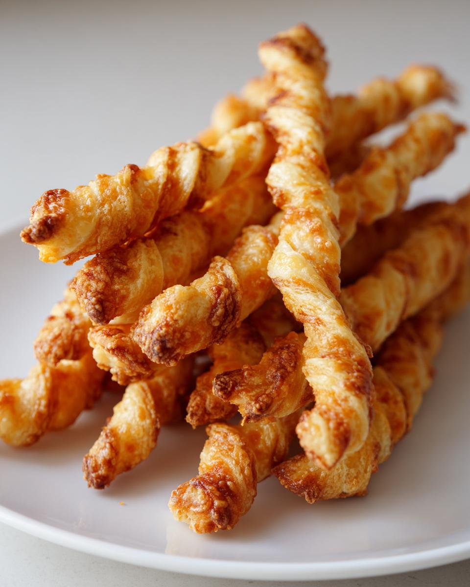 A close-up stack of golden brown, flaky, twisted cheese straws recipe on a white plate.