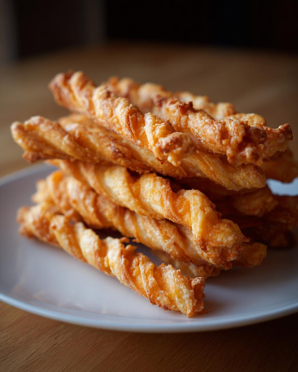A close-up stack of golden brown, flaky cheese straws recipe twists piled high on a white plate.