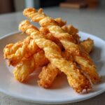 A pile of golden, flaky, twisted cheese straws recipe served on a white plate.
