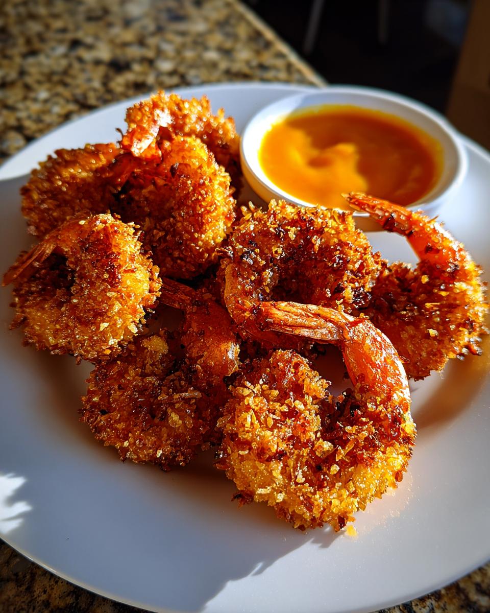 A plate of perfectly fried, golden brown coconut shrimp served with a small bowl of orange dipping sauce.