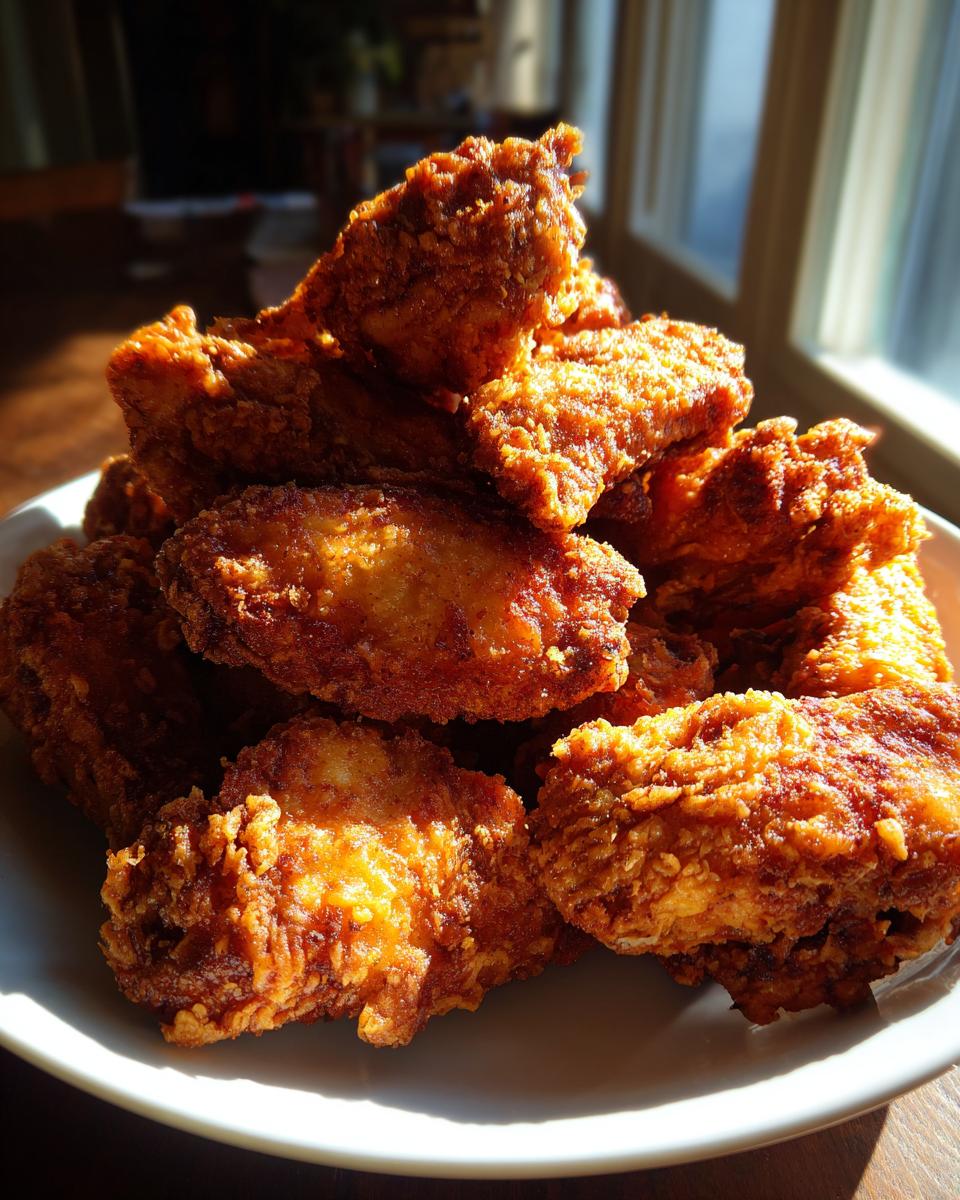 A mound of perfectly golden and crispy fried chicken wings piled high on a white plate, backlit by sunlight.