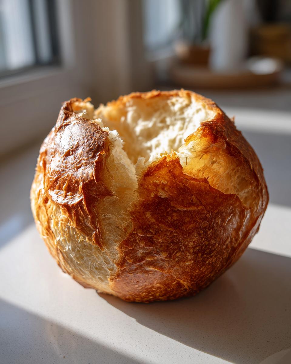 A close-up of a freshly baked, hollowed-out bread bowl with a golden-brown crust, ready for soup.