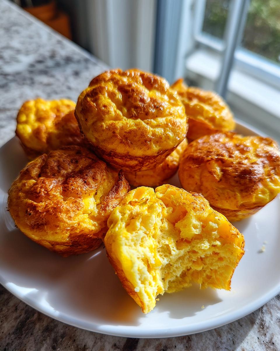 A stack of golden brown, fluffy egg bites served on a white plate, with one bite broken open showing the airy interior.
