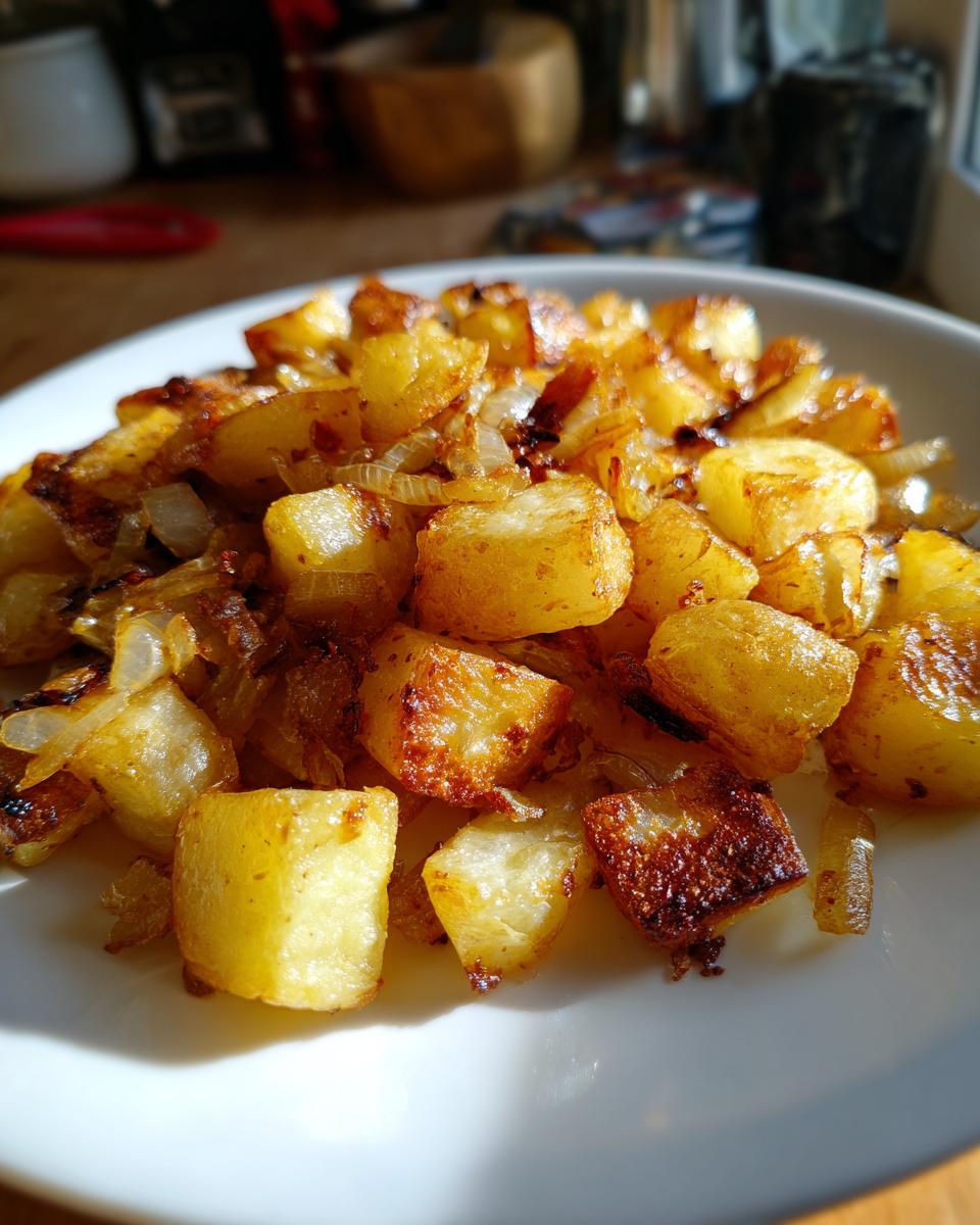 Close-up of golden brown fried potatoes mixed with caramelized onions served on a white plate.