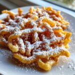 Close-up of a golden brown, freshly fried funnel cake recipe generously topped with white powdered sugar on a white plate.