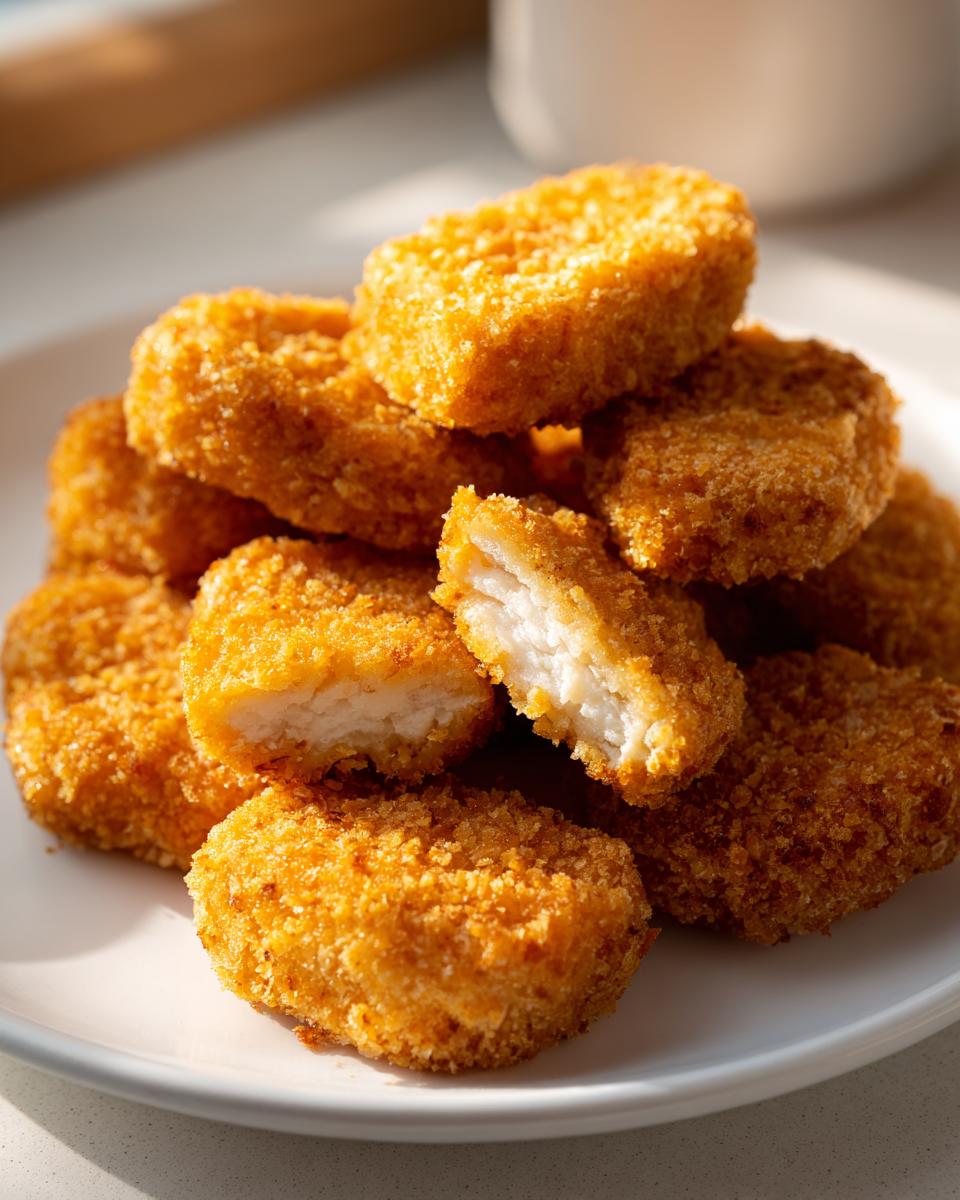 A close-up of a pile of golden brown homemade chicken nuggets, one is broken open showing the white chicken interior.