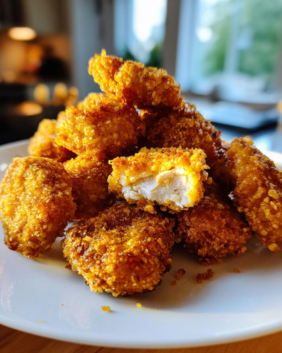 A pile of golden brown homemade chicken nuggets, with one nugget broken open showing the white, juicy chicken inside.