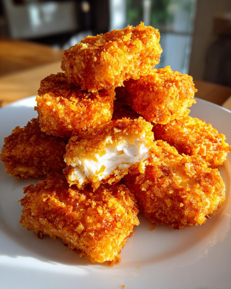 A stack of golden brown, crispy homemade chicken nuggets on a white plate, one is broken open showing white meat.