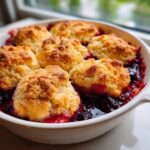 Close-up of a baked mixed berry cobbler in a white dish, featuring bubbling dark berries and golden, biscuit-like topping.
