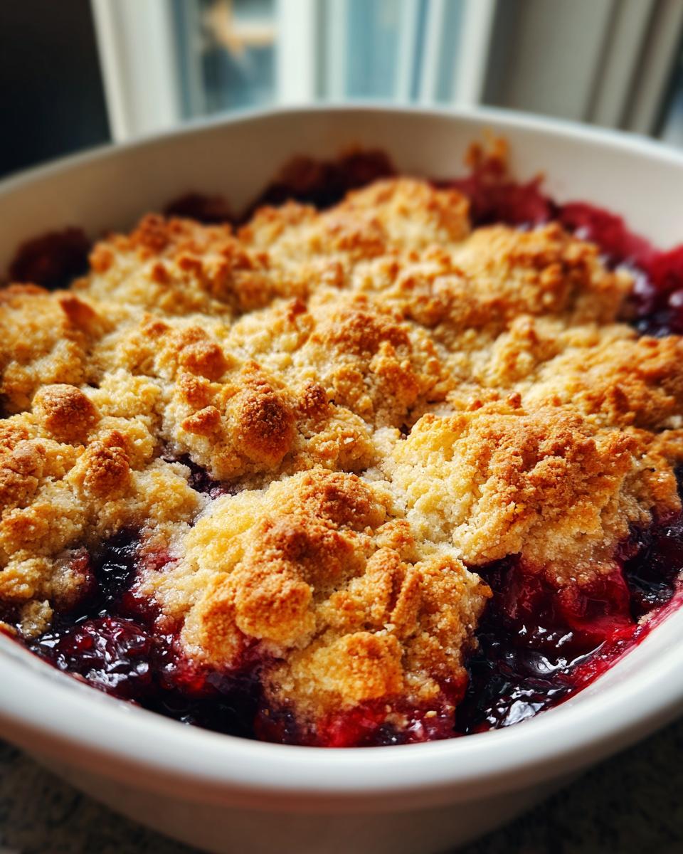 Close-up of a bubbling mixed berry cobbler with a golden, crumbly topping in a white baking dish.