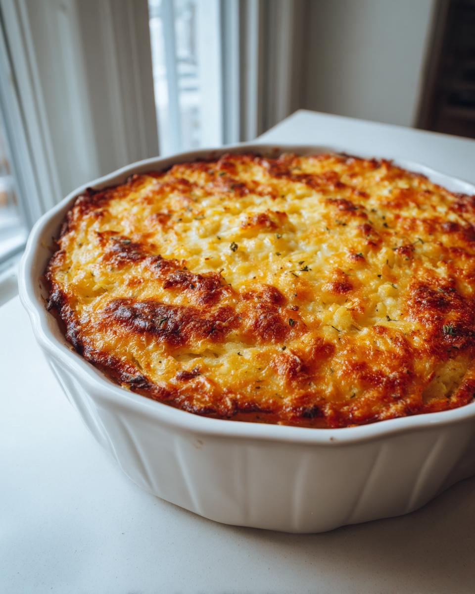 A freshly baked potato casserole with a deeply golden, cheesy crust in a white ceramic dish.