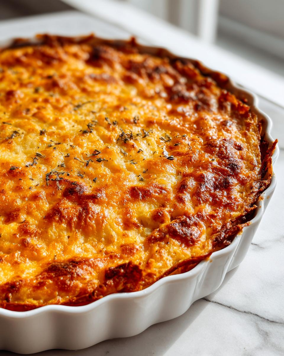 Close-up of a bubbling, golden-brown cheesy potato casserole baked in a white fluted baking dish.