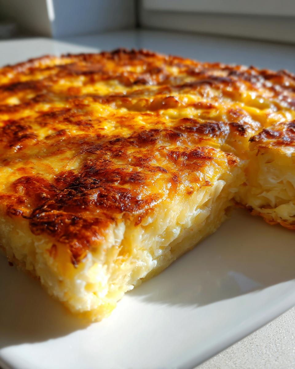 A close-up of a slice of cheesy potato casserole with a deeply browned, bubbly top crust.