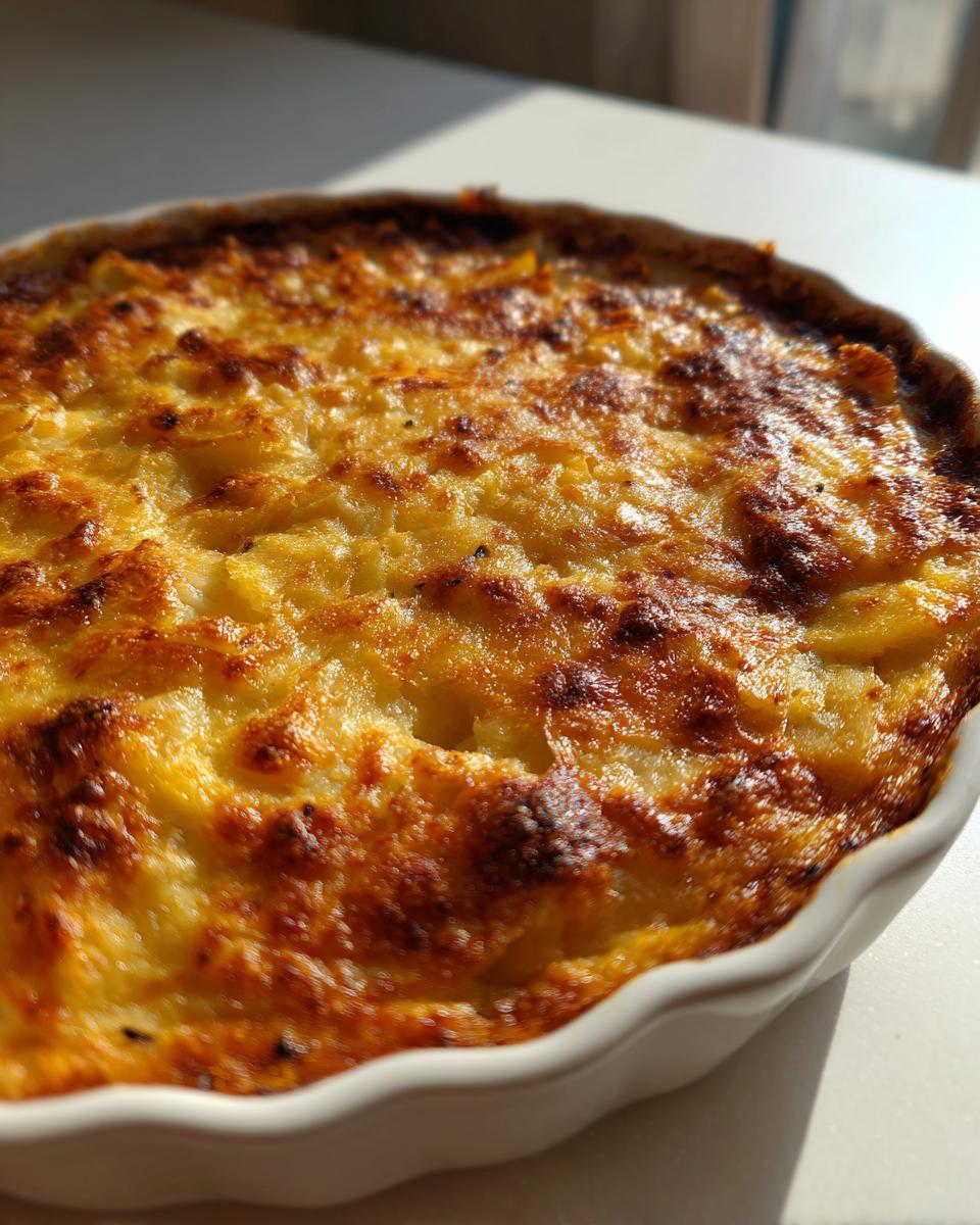 Close-up of a golden-brown, bubbly cheese crust on a baked potato casserole in a white dish.