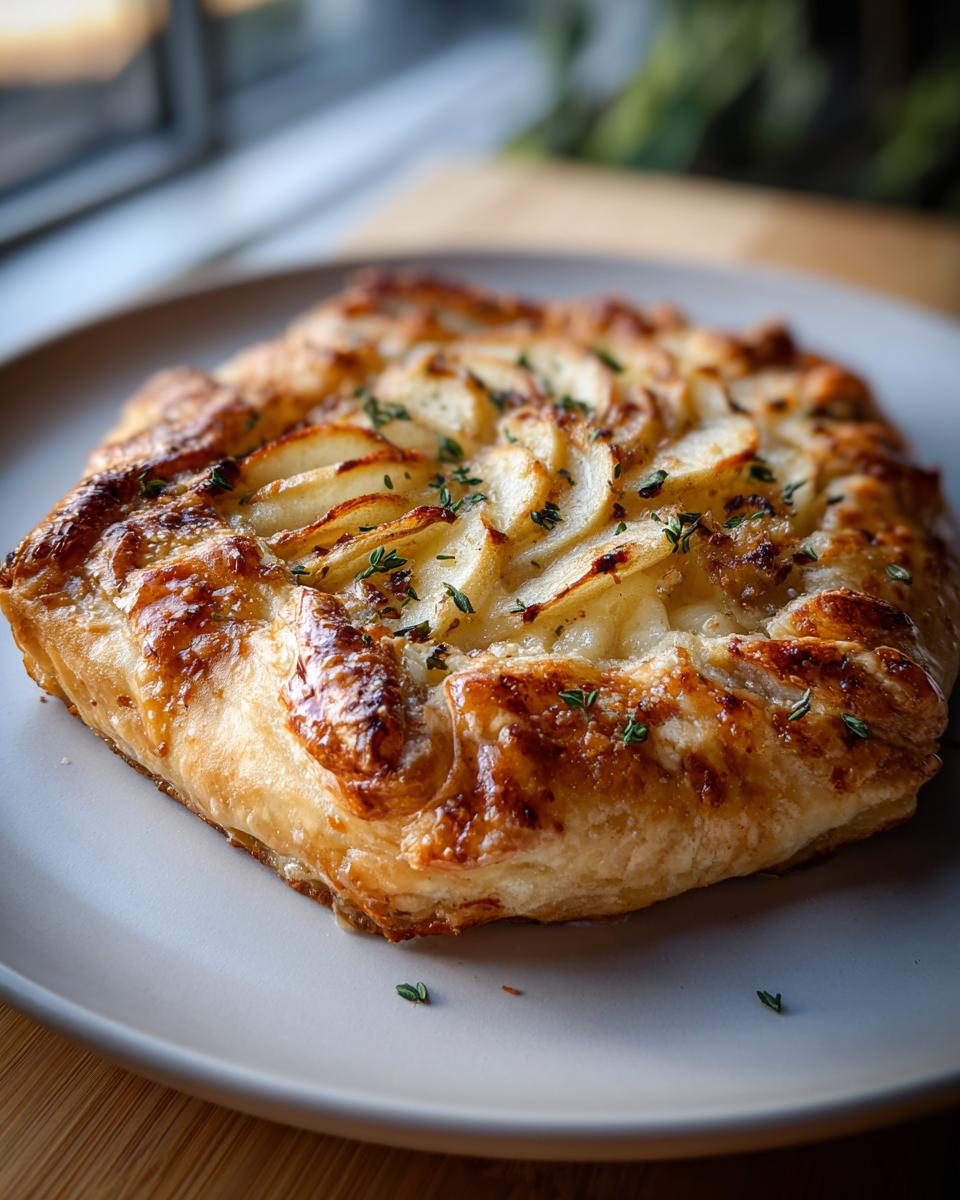 Close-up of a golden, flaky pastry topped with thinly sliced apples and fresh thyme, served on a light plate.
