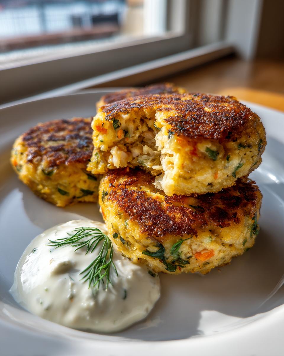 Three golden brown salmon cakes stacked on a white plate next to a dollop of creamy dill sauce.