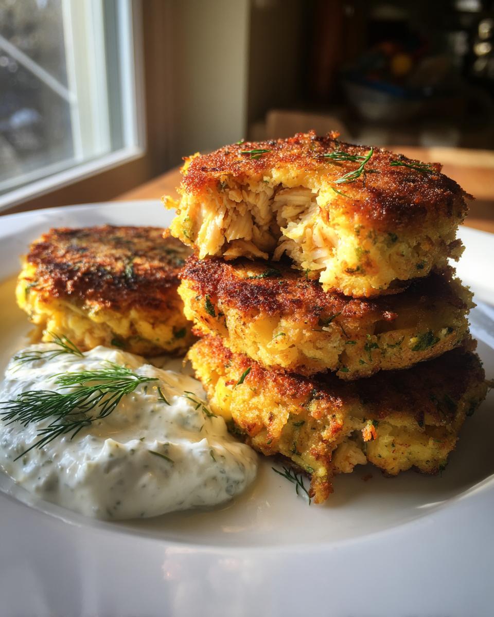 A stack of three golden brown, crispy salmon cakes served with a dollop of creamy dill sauce on a white plate.