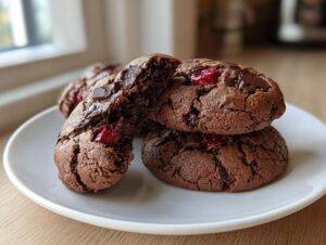 Close-up of gooey chocolate cherry cookies, one broken open to show the soft interior and melted chocolate chunks.