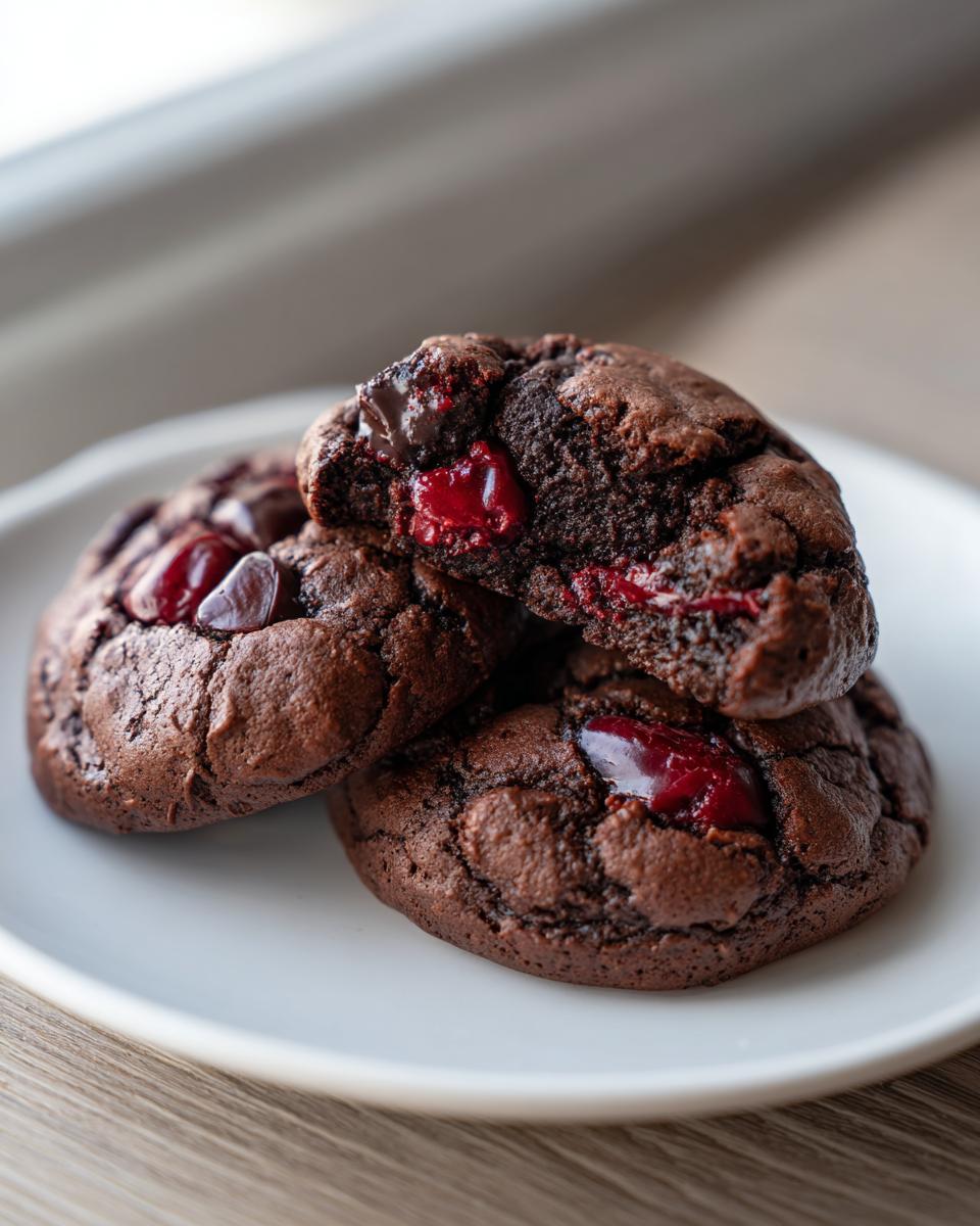 Close-up of three rich, dark chocolate cherry cookies, one broken open to show the gooey cherry filling.