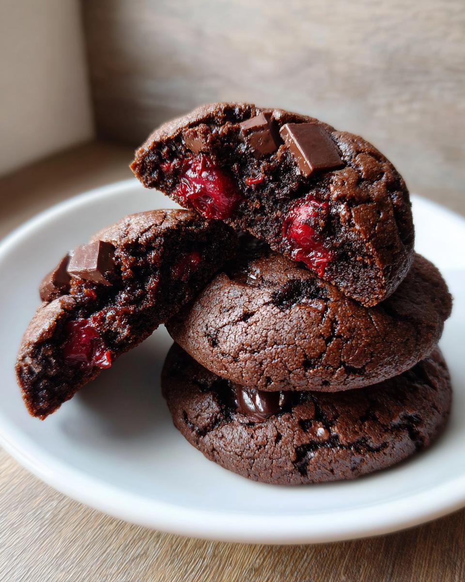 Close-up of stacked chocolate cherry cookies, one broken open revealing gooey chocolate and bright red cherries.