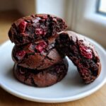 A stack of three rich, dark chocolate cherry cookies, with one cookie broken open to show the gooey interior and bright red cherries.