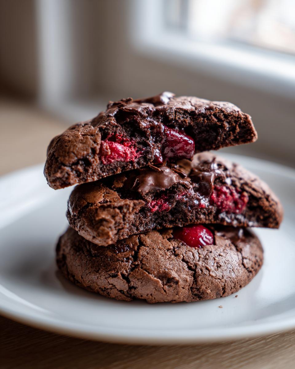 Stack of three rich chocolate cherry cookies, with the top two broken open to show the gooey cherry filling inside.