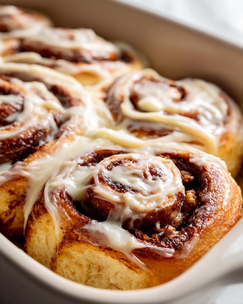 Close-up of several soft, gooey cinnamon buns topped with thick white frosting in a light baking dish.