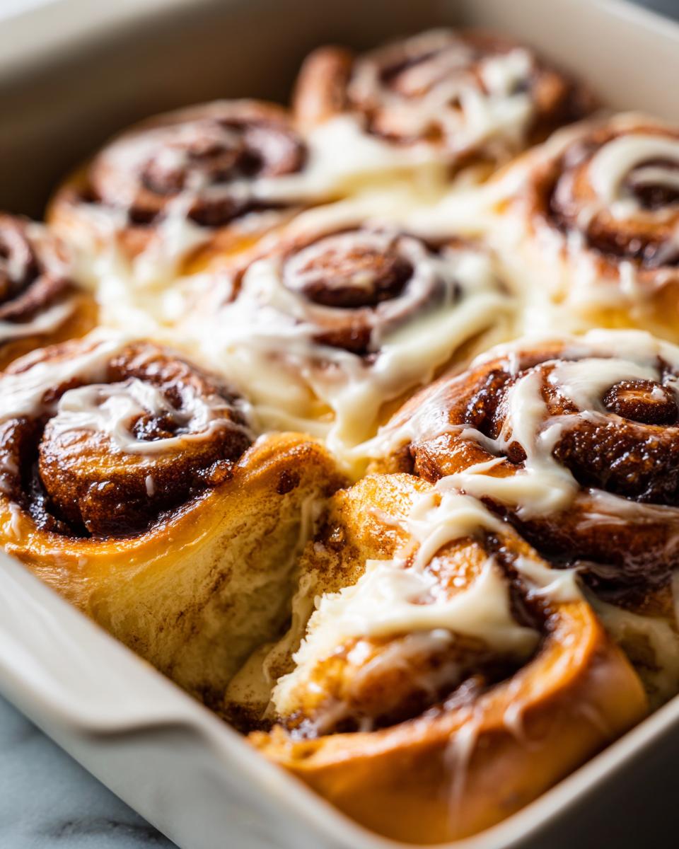 Close-up of soft, gooey cinnamon buns topped with white icing, nestled together in a baking dish.