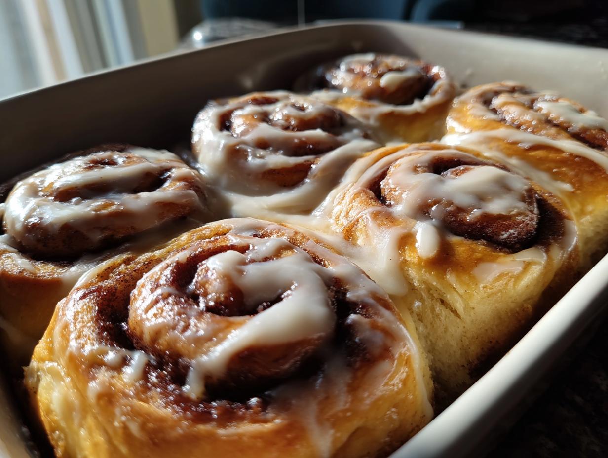 Close-up of several soft, gooey cinnamon buns topped with white icing, sitting in a baking dish.