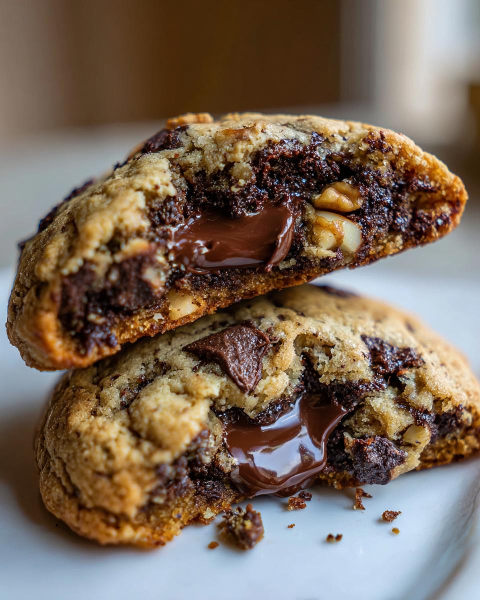 Close-up of two halves of a levain bakery chocolate chip cookies stacked, revealing a molten, gooey chocolate center and walnuts.